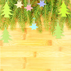 Wooden background, spruce, stars and Christmas tree