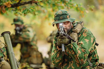 Fototapeta premium Russian special forces operator in the battlefield with a rifle