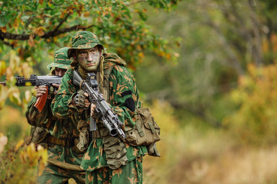 Russian special forces operator in the battlefield with a rifle