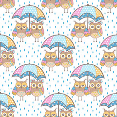 Seamless pattern with owls in love and umbrella on white background