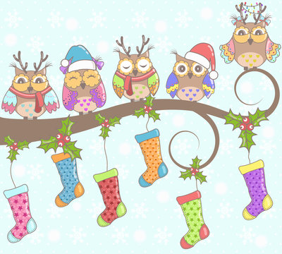 Christmas card with owls and Christmas socks on a blue background