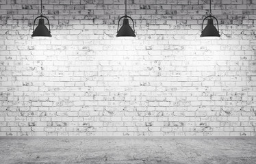 Fototapety  Mur z cegły, betonowa podłoga i lampy w tle renderowania 3d