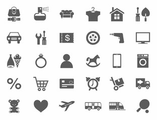 Icons, online store, product categories, monochrome, white background. 