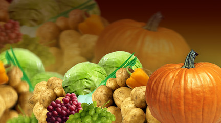 Vegetables and fruits on a background of autumn after harvest