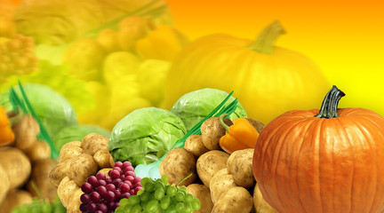 Vegetables and fruits on a background of autumn after harvest