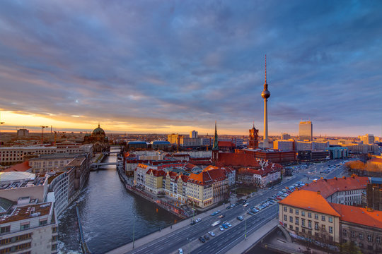 Downtown Berlin with the famous television tower at sunset