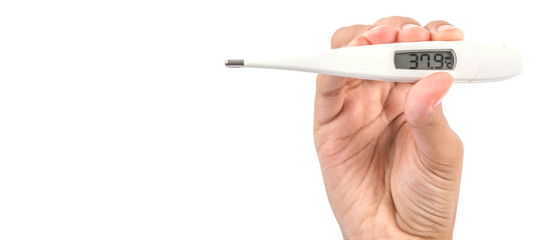 Young girl hand holding a medical thermometer over white backgground
