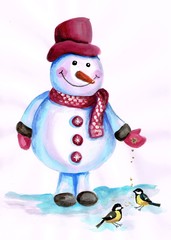 Акварельная иллюстрация "Снеговик и синицы"