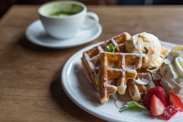 Strawberry Banana Waffle (selective focus on front piece of waffle only)