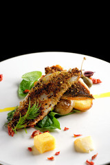 Fine dining, Seabream fish fillet breaded in herbs and spice with potato and vegetable