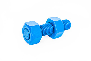 bolts and nuts with blue coated on white background