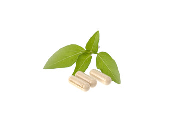 Fototapeta na wymiar herbal medicine pills with green plant on white background