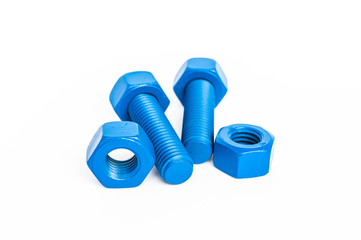 bolts and nuts with blue coated on white background