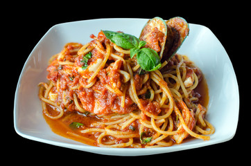 spaghetti sea food on white plate