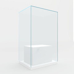 Glass showcase in center of podium.