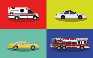 A set of service cars. Police, ambulance, fire truck, taxi. © artsquirrel