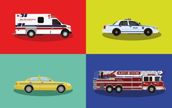 A set of service cars. Police, ambulance, fire truck, taxi.