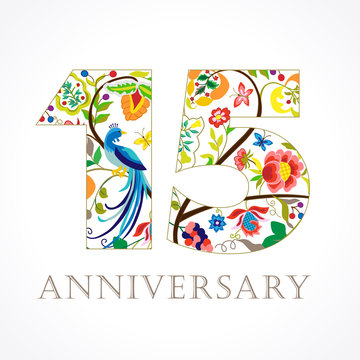 15 anniversary ethnic numbers. The template logo of 15th birthday in vintage patterns with flowers and the bird of paradise.