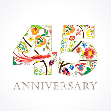 45 anniversary ethnic numbers. The template logo of 45th birthday in vintage patterns with flowers and the bird of paradise.