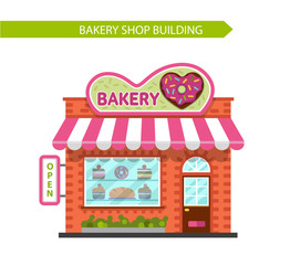 Vector flat style illustration of bakery shop building. Signboard with donut in heart shape. Isolated on white background.