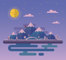 Vector flat style nature landscape illustration with climber and hills, montains, big moon and sea.