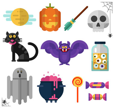 Flat style vector icons set of Halloween. Pumpkin, big moon, candy and lollipop, black cat, ghost, whitch's broom, bottle with eyes, pot with boiling magic potion, skull, and bat.