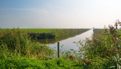 Canal through a hazy field in autumn