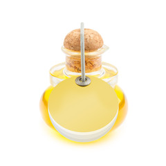 Bottle of olive oil with a yellow tag attached