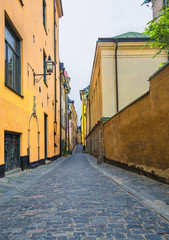 Fototapeta na wymiar Old street in the Gamlastan area of Stockholm. Sweden.