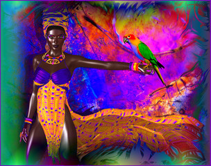 A brilliant abstract background sets the stage for an exotic parrot and African woman in an explosion of colors! Modern digital art beauty and fashion scene.