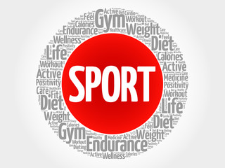 SPORT circle stamp word cloud, fitness, sport, health concept
