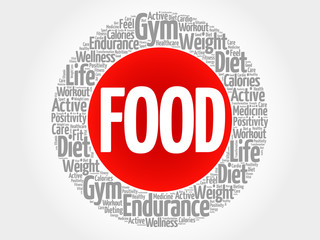 FOOD circle stamp word cloud, fitness, sport, health concept