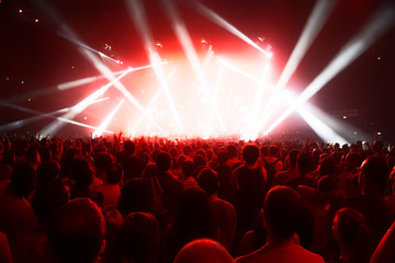 concert crowd of young people in front of bright stage lights - obrazy, fototapety, plakaty
