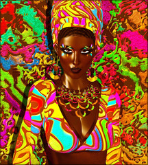 Fototapeta na wymiar Beauty of Africa. This digital fashion model in colorful make up and background is shown in a confident, seductive and powerful pose.