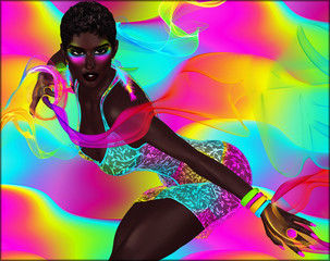 Colorful ribbons, matching abstract background, makeup and dress all come together to create this unique digital art image of a beautiful and powerful African woman