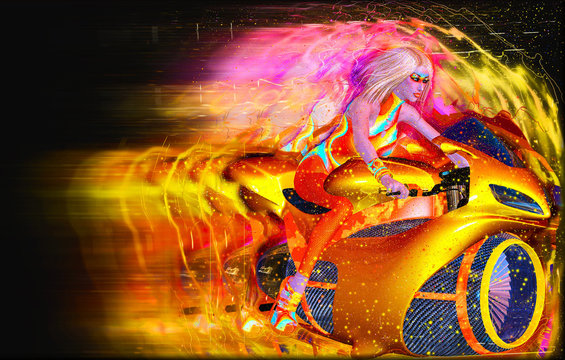 Speed Demon is our exciting and colorful digital art creation of a futuristic motorcycle being ridden by our Sci-fi super hero girl! 