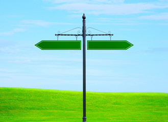 Blank signs pointing in opposite directions symbolizing decision making, crossroads, business guidance and opportunity.