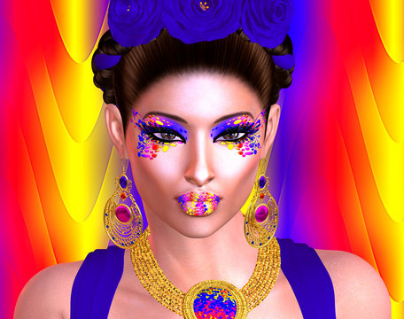 Brilliant colors adorn this image of a woman that was inspired by the great Mexican artist Frieda Kahlo . This is our very own unique digital art design, loaded with bold and vibrant colors 