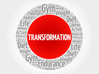 TRANSFORMATION circle stamp word cloud, fitness, sport, health concept