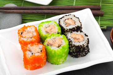 Colorful sushi maki with tobiko
