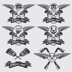 biker theme labels with pistons and skulls with wings