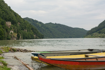 Fototapeta na wymiar drei Zillen am Donauufer