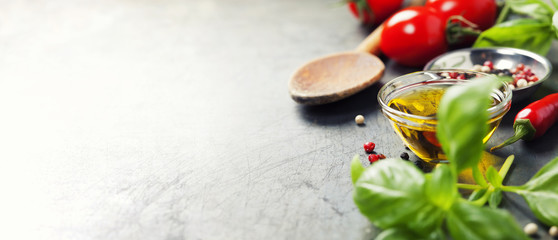 Wooden spoon and ingredients on old background - obrazy, fototapety, plakaty