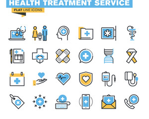 Flat line icons set of online medical support, family health care, health insurance, pharmacy, medical services. Vector concept for graphic and web design.