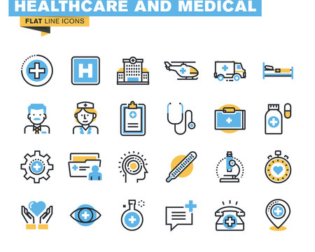 Flat line icons set of health care and medicine theme, medical services, diagnosis and treatment, laboratory, clinic and hospital facilities. Vector concept for graphic and web design.
