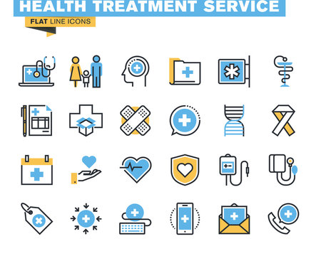 Flat line icons set of online medical support, family health care, health insurance, pharmacy, medical services. Vector concept for graphic and web design.
