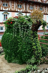 Fototapeta na wymiar Giant flower pot shaped as tea pot in front of historical spa building in Luhacovice, Czech Republic
