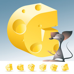3D vector yellow cheese alphabet with funny mouse. All symbols in set have 6 random points of view. Letter G