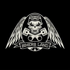 bikers land crest with skull,wings and pistons