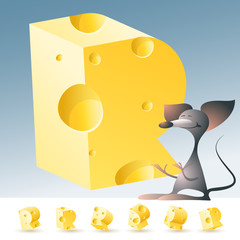 3D vector yellow cheese alphabet with funny mouse. All symbols in set have 6 random points of view. Letter R